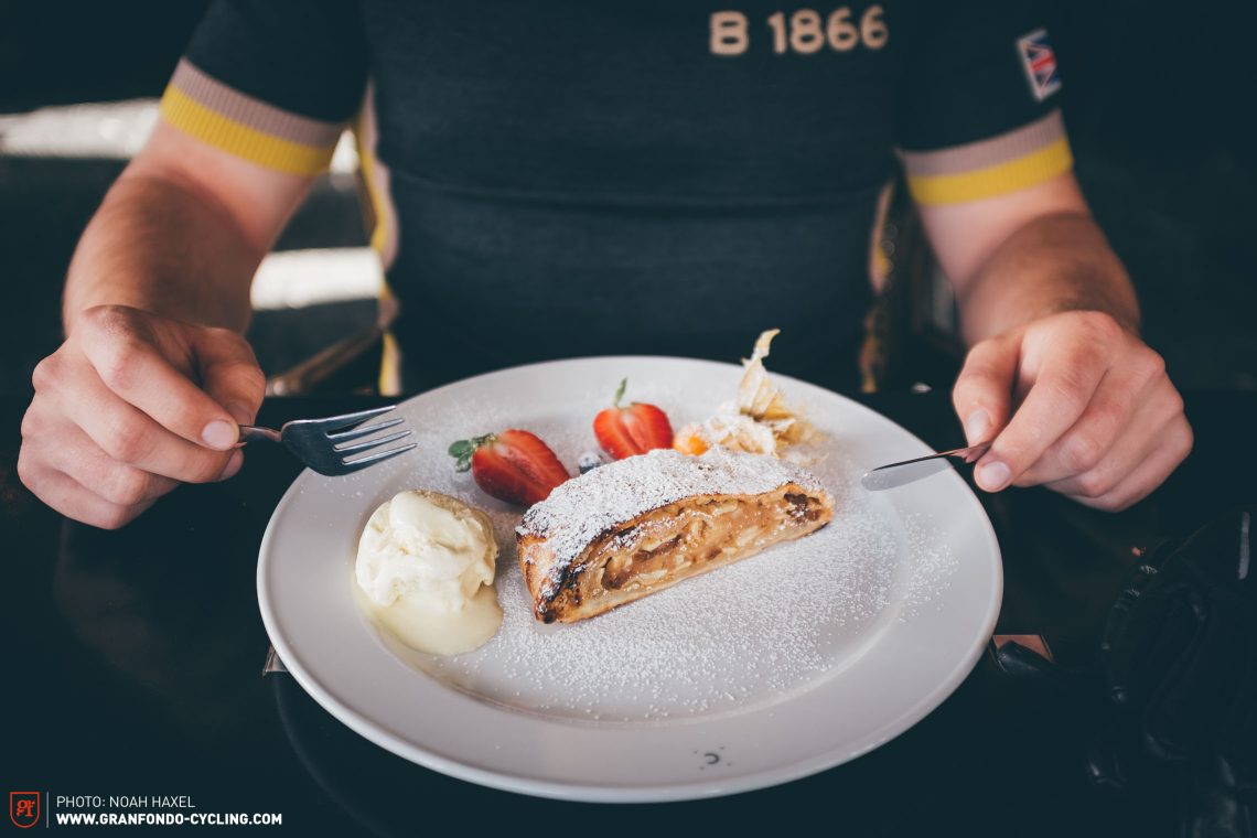 Surely the gran fondo of desserts, apple strudel is a downright classic and comes in many variations. It’s best to stay  true to heritage though and team it with cream and an awe-inspiring view of the Alps.