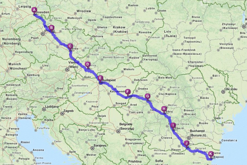 So sah nun unsere Route aus: Dresden – Podebrady (CZ) – Brno (CZ) – Cabaj (SK) – Budapest (HU) – Doboz (HU) – Ghetari (RO) – Sibiu (RO) – Pitesti (RO) – Russe (BG) (- Varna (BG))