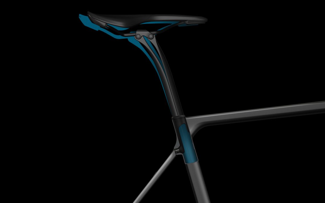 Developed to distribute clamping forces equally on the seatpost, the hybrid injection moulded synthetic insert has allowed Canyon to clamp the seatpost at a much lower position than regular seat clamps, thereby generating an increased effective bending length of up to additional 110 mm.